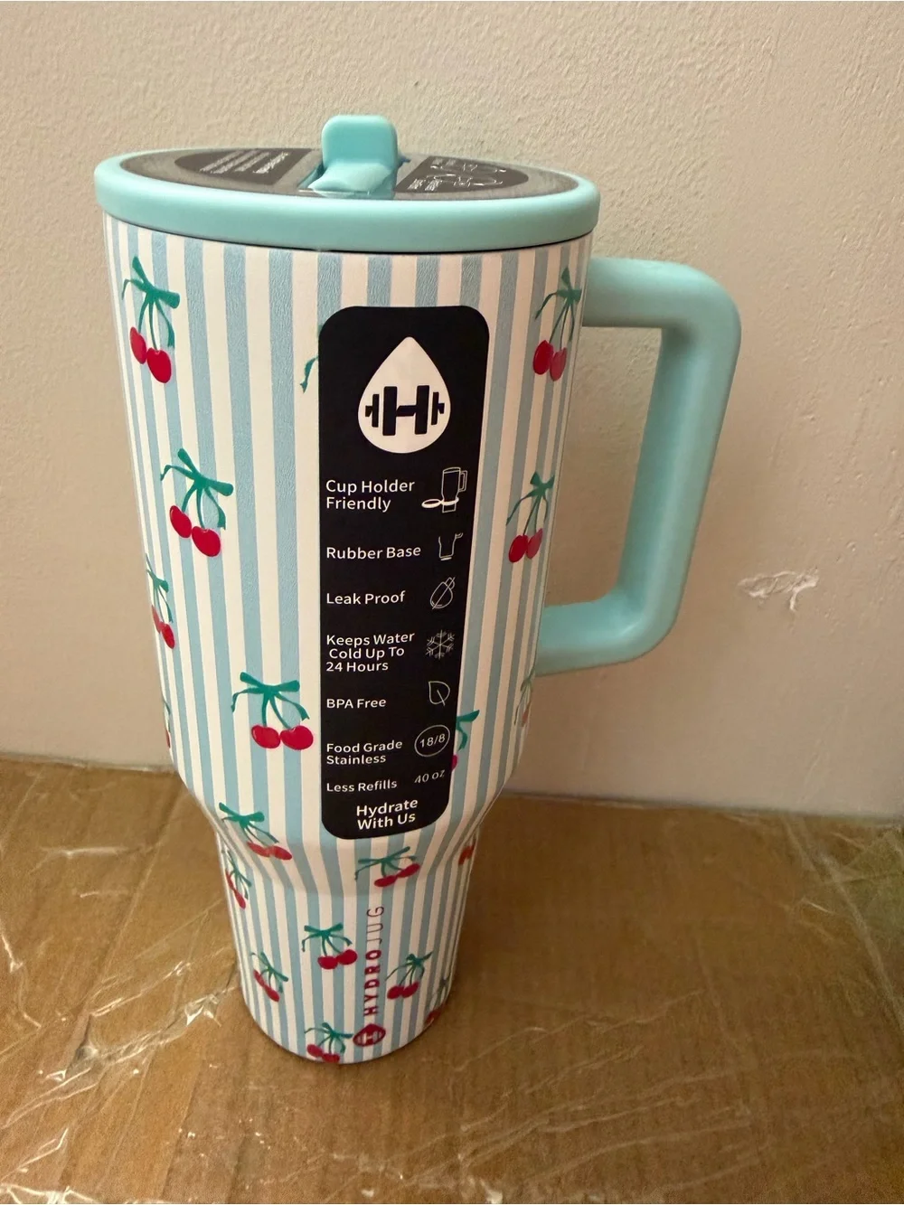 Cherry Stripe Light Blue Travel Tumbler